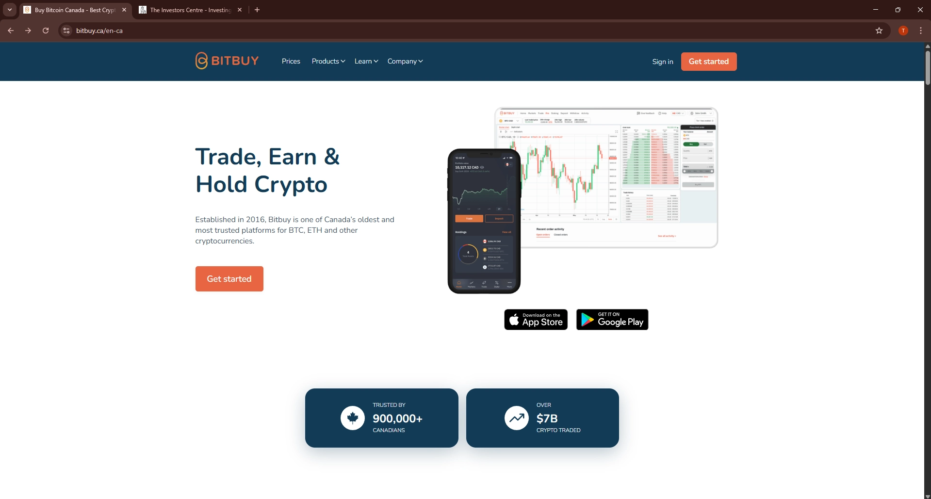 Bitbuy Canadian crypto exchange homepage showing Trade Earn and Hold Crypto with 900,000 plus users