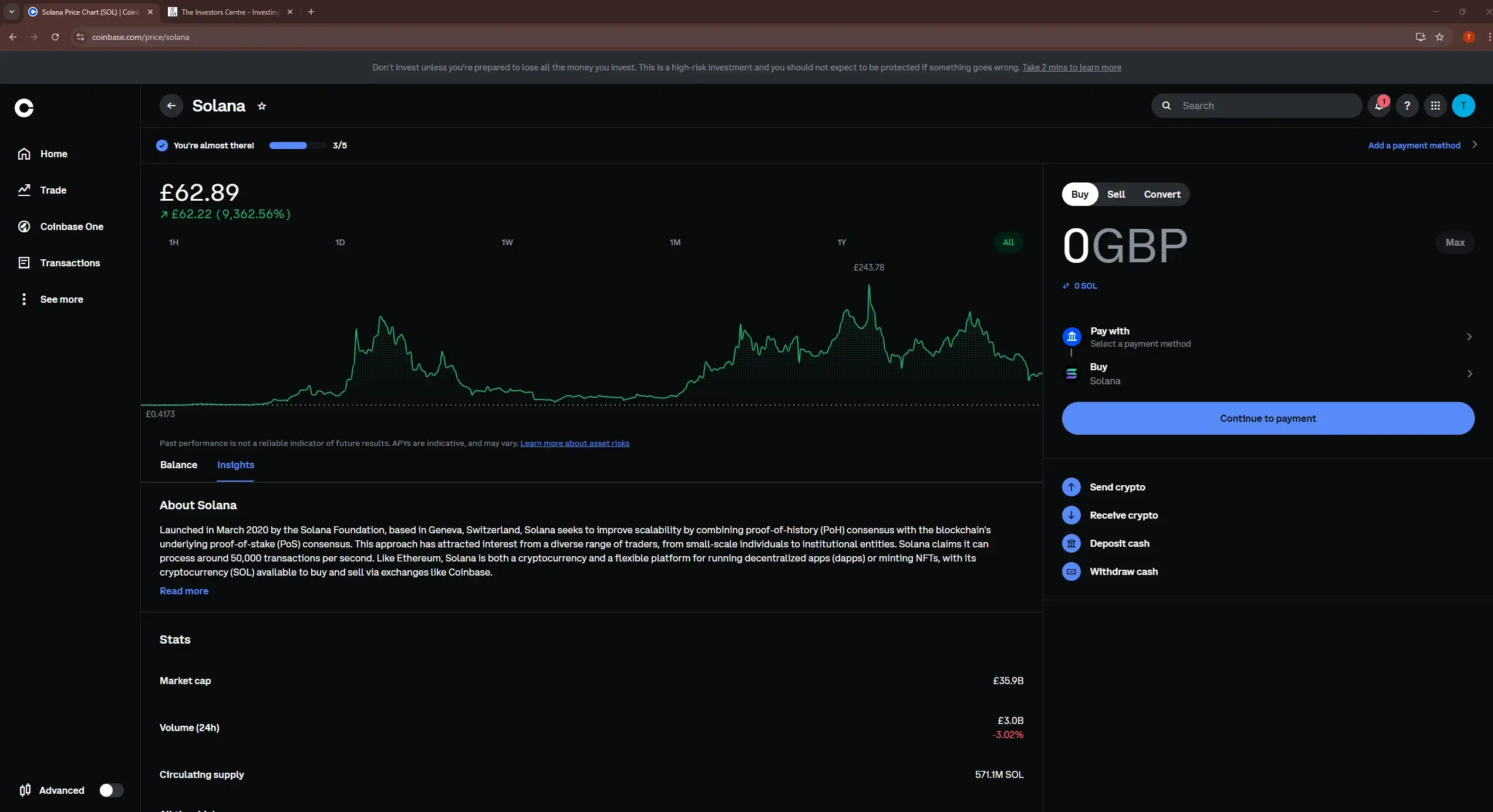 Coinbase Solana SOL asset page showing price at £62.89 GBP with all-time chart and Buy widget