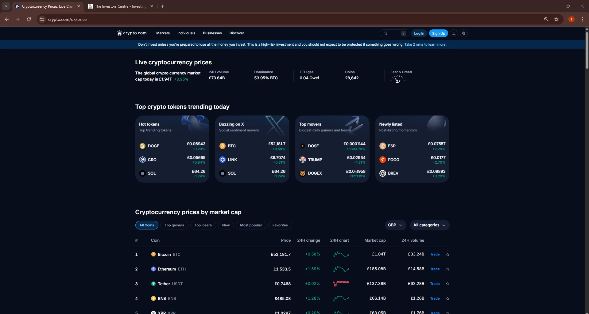 Crypto.com live cryptocurrency prices page showing trending tokens and full market cap table with BTC and ETH