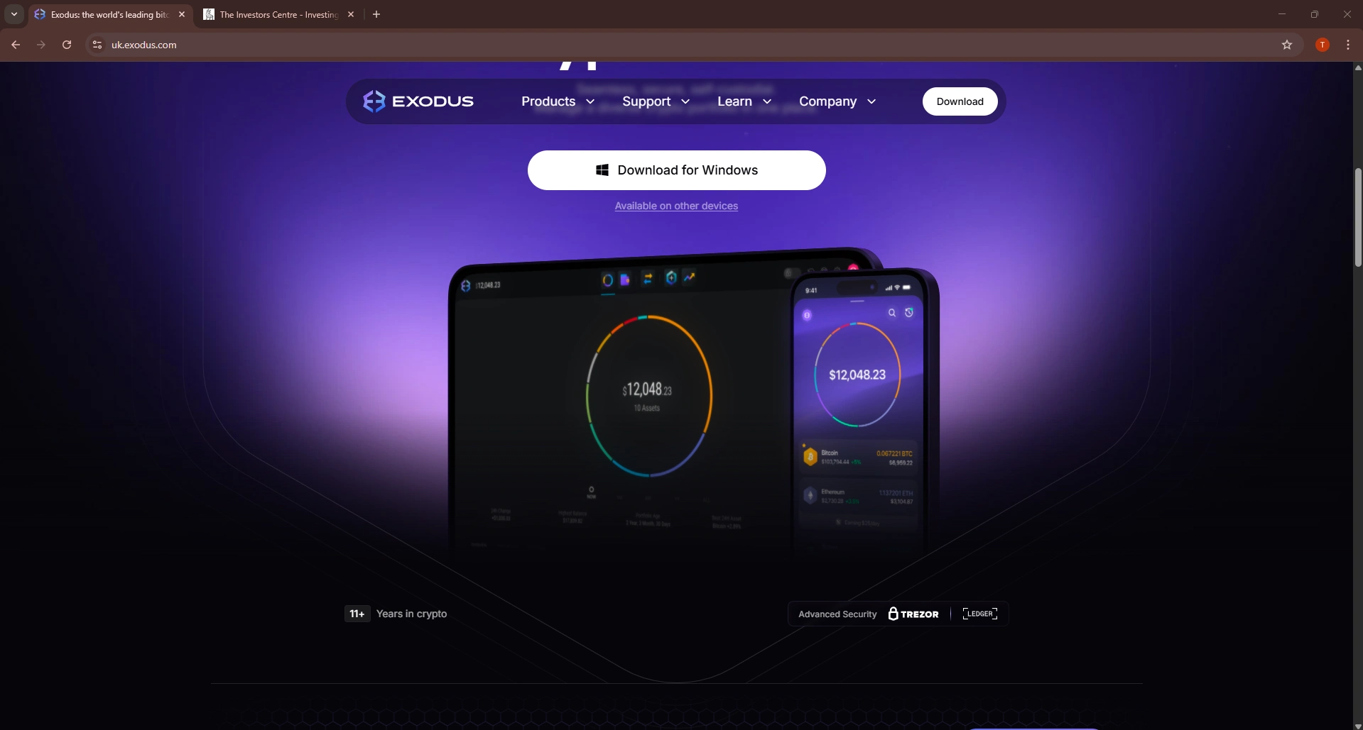 Exodus crypto wallet homepage showing desktop and mobile app