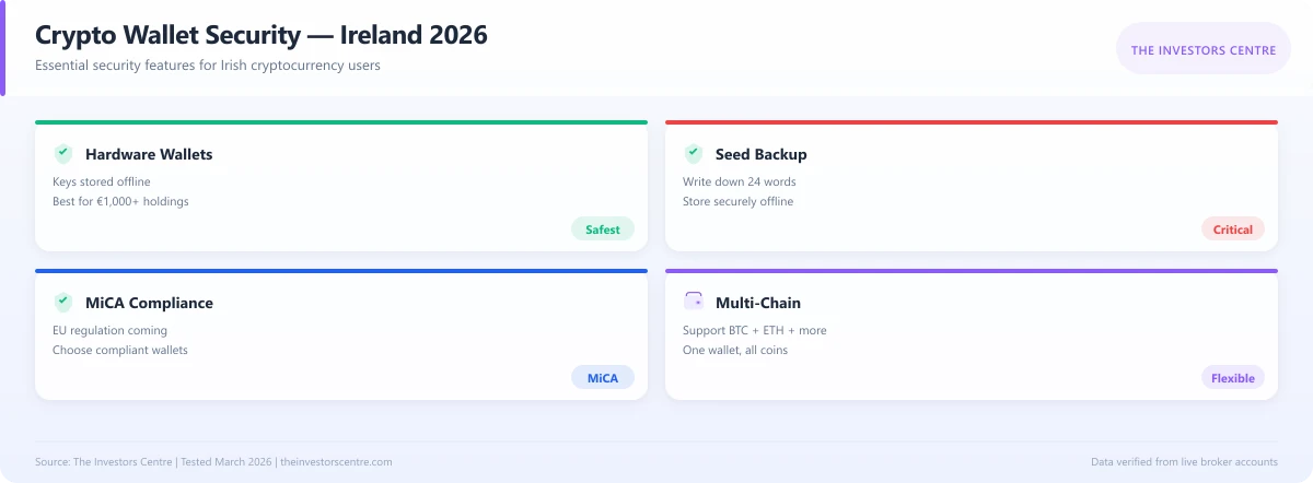 Infographic showing key crypto wallet security features for Irish users
