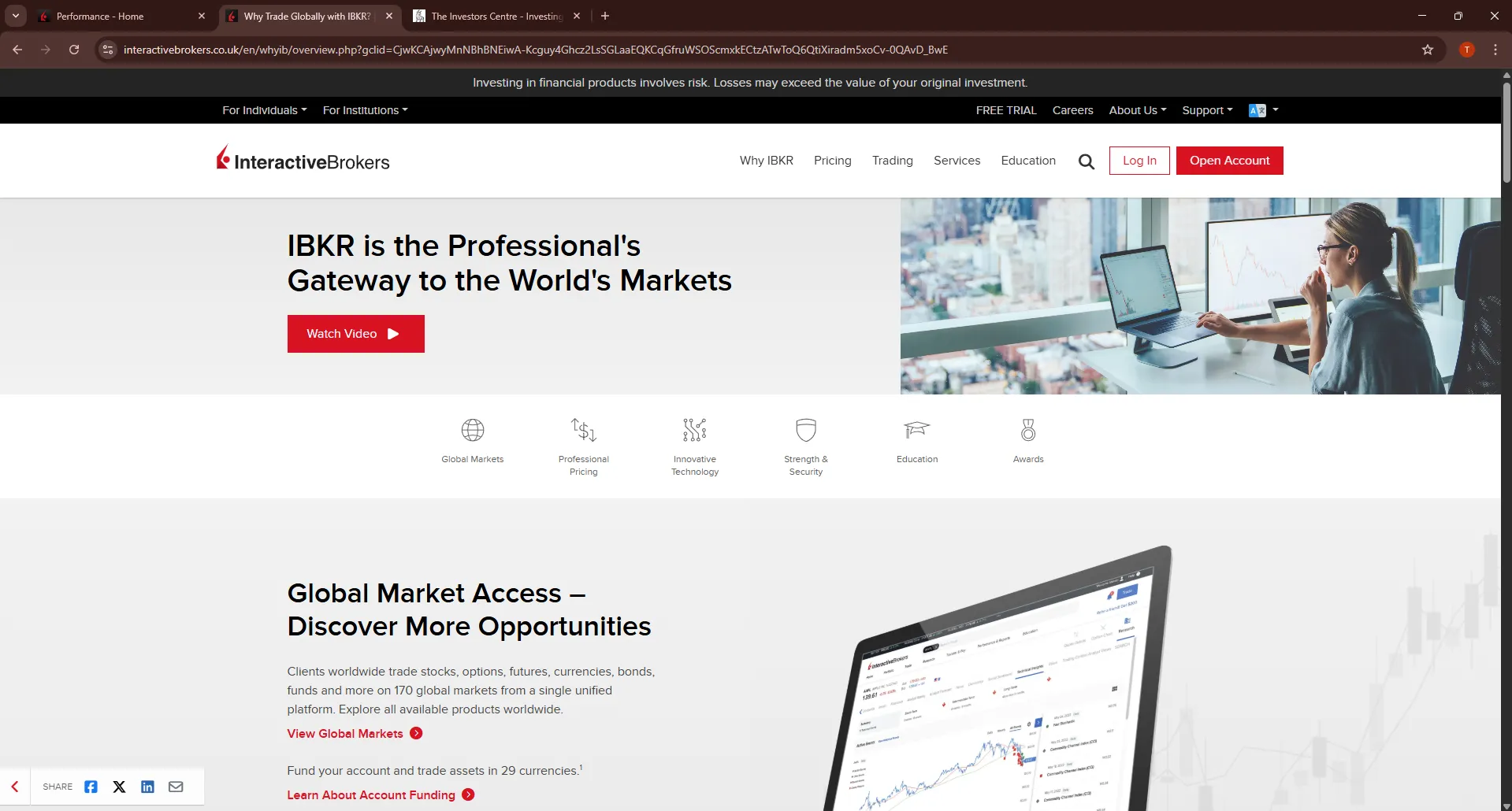Interactive Brokers investment platform dashboard showing portfolio overview and key features for Irish investors