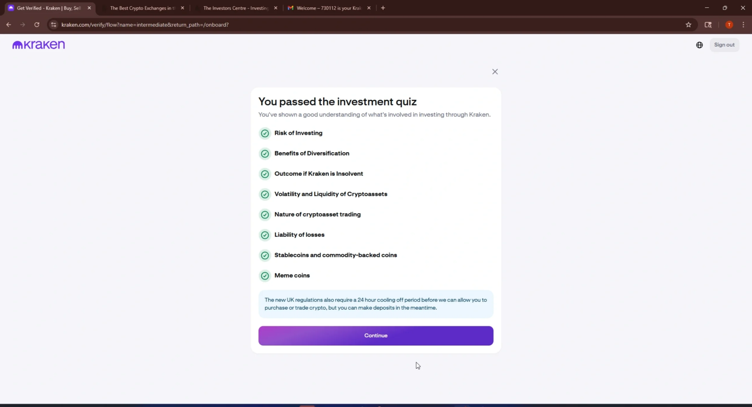 Kraken You passed the investment quiz confirmation showing all 8 covered topics with green checkmarks