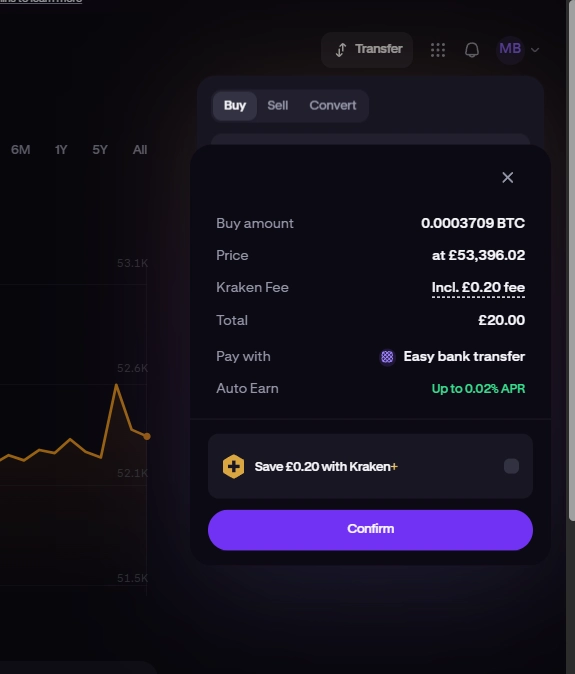 Kraken Bitcoin buy order confirmation showing purchase of 0.00037 BTC for £20 including a £0.20 fee