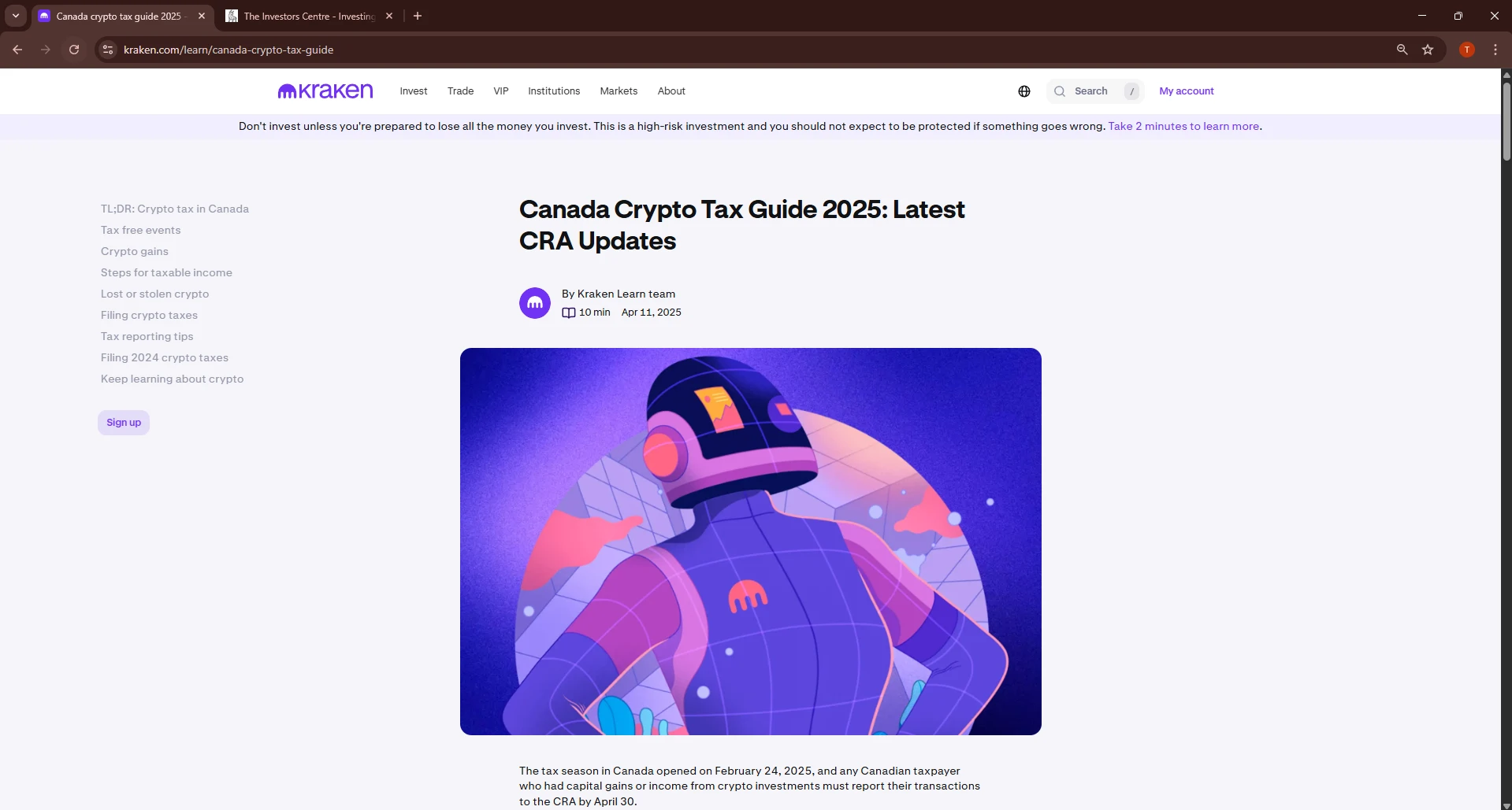 Kraken Learn Canada Crypto Tax Guide 2025 article showing the CRA update for Canadian crypto holders