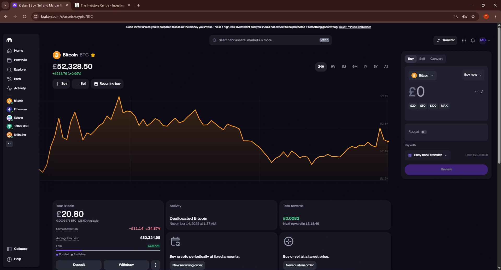 Kraken Bitcoin BTC dashboard showing price at £52,328 GBP with 24-hour chart and portfolio summary
