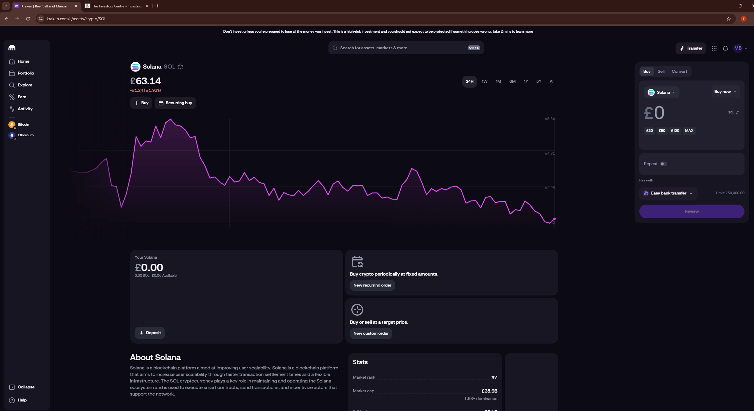 Kraken Solana SOL asset page showing price at £63.14 GBP with 24-hour chart and buy widget