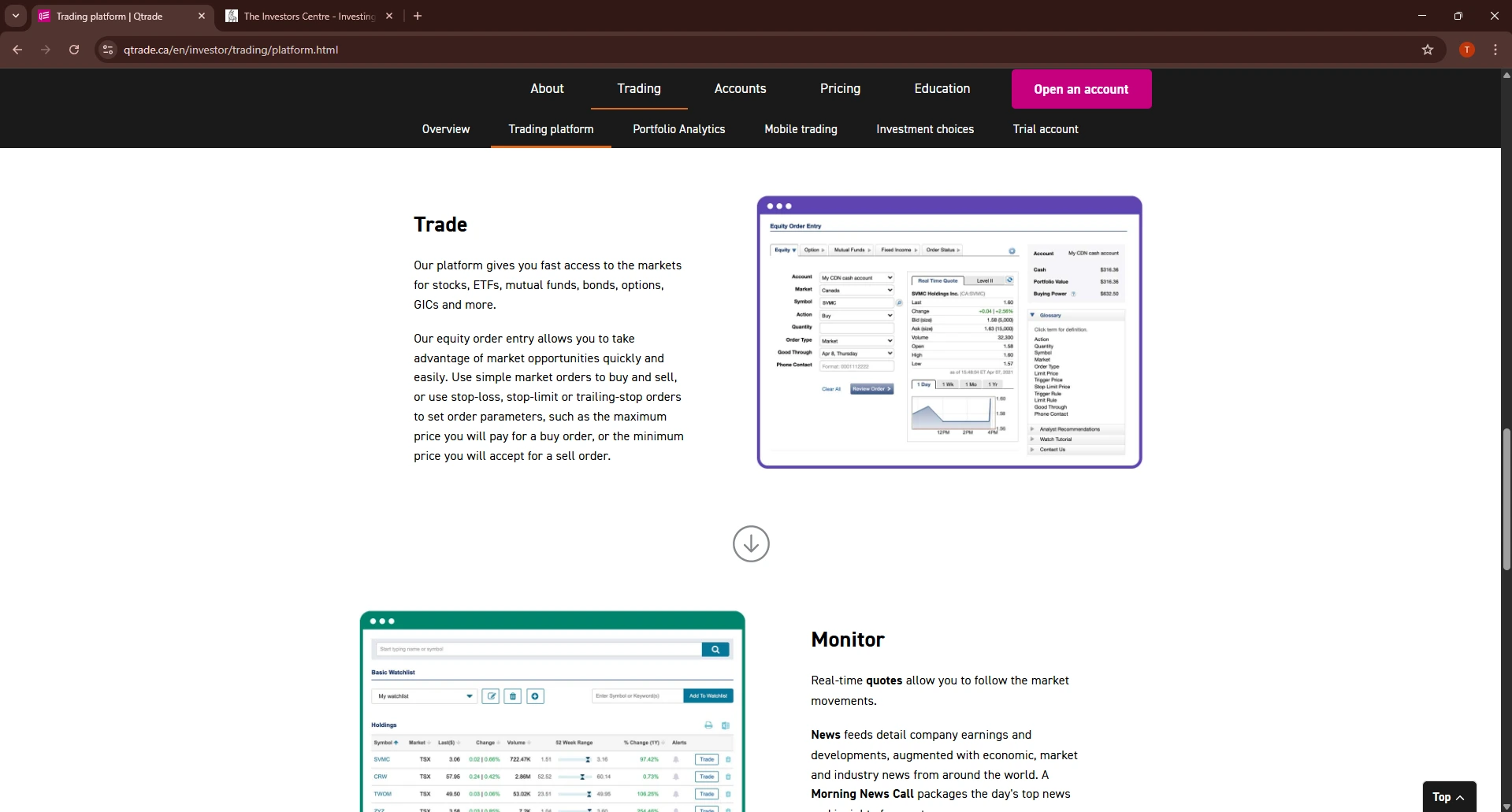 Qtrade online trading platform showing trade and monitor sections