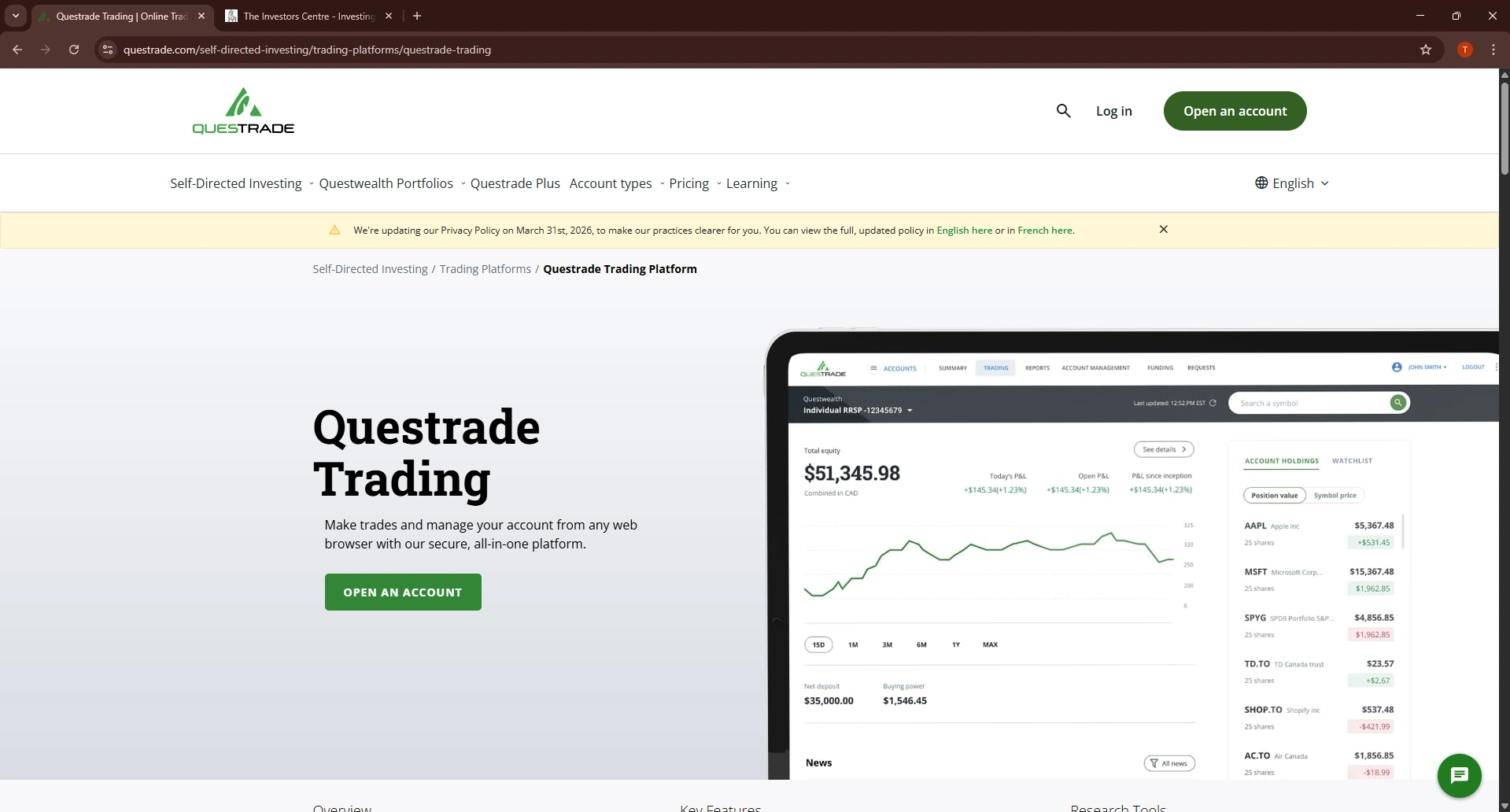 Questrade trading platform showing portfolio dashboard