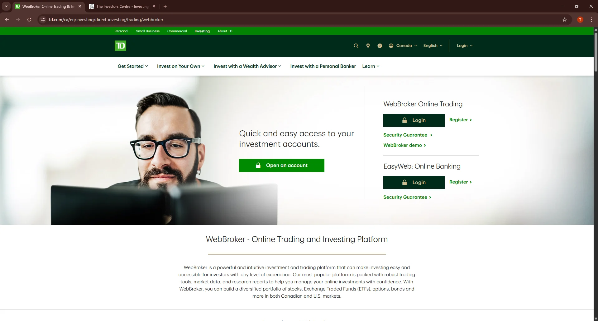 TD Direct Investing WebBroker online trading platform page