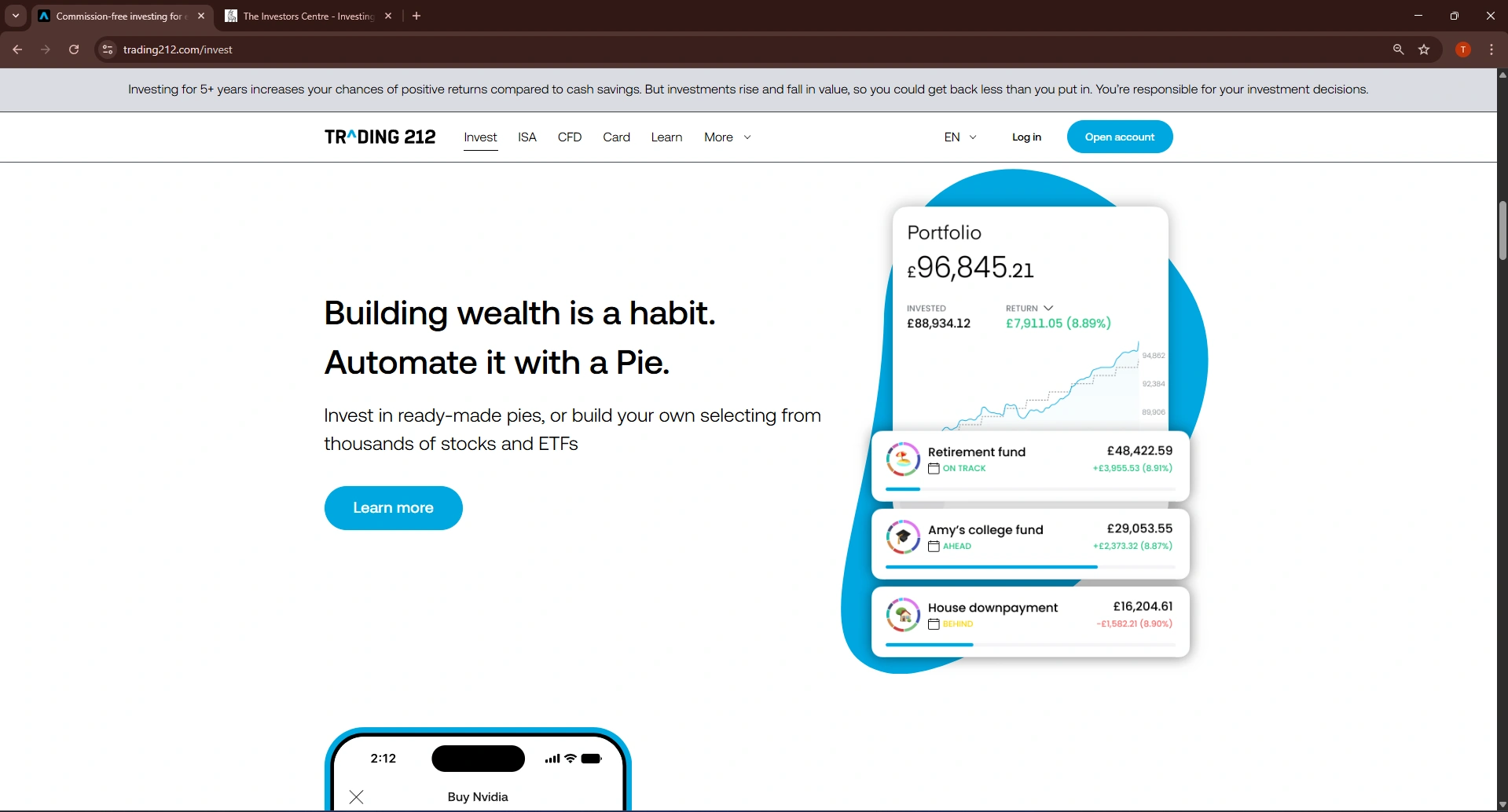 Trading 212 investment platform dashboard showing portfolio overview and key features for Irish investors