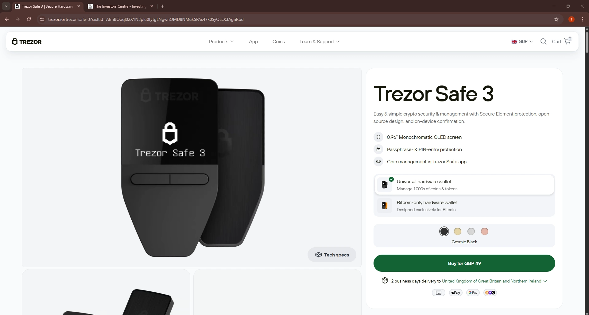 Trezor Safe 3 hardware wallet product page