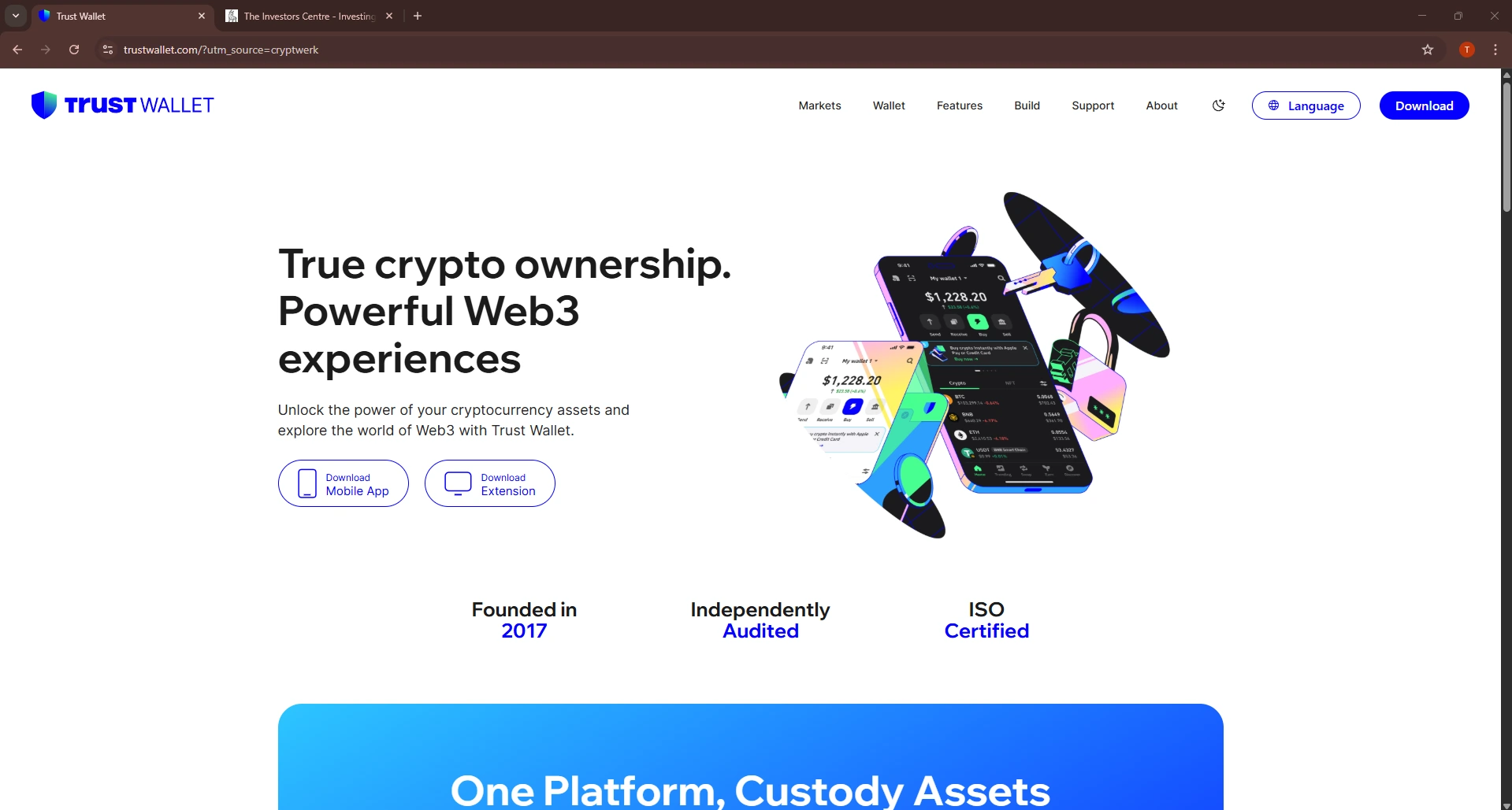 Trust Wallet homepage showing Web3 crypto wallet