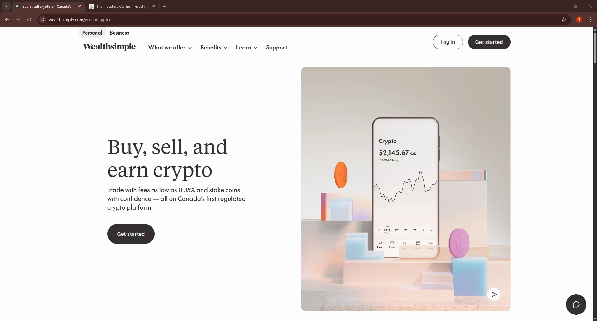 Wealthsimple Crypto page promoting Buy sell and earn crypto with fees as low as 0.05 percent