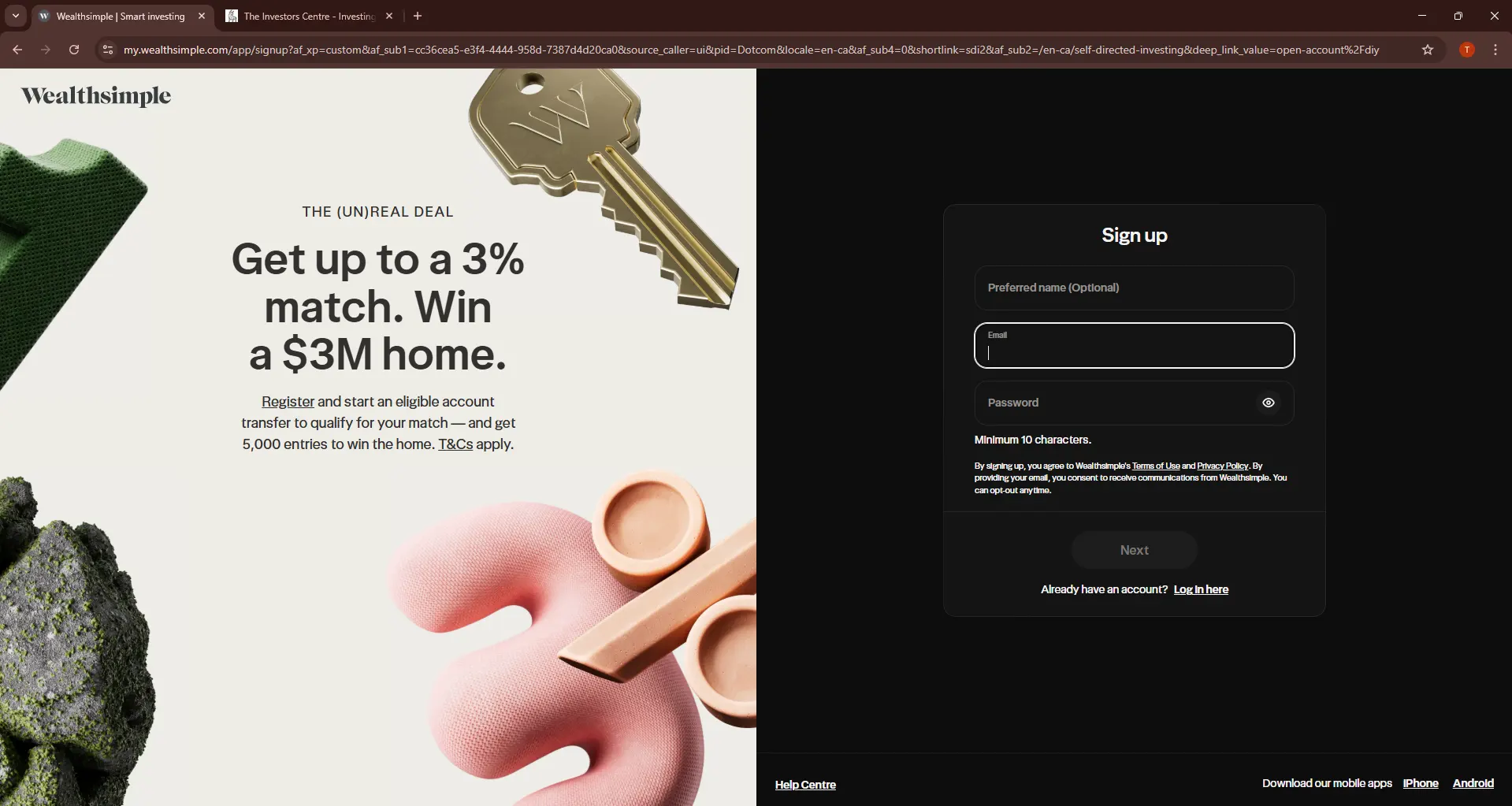 Wealthsimple online trading platform sign-up page