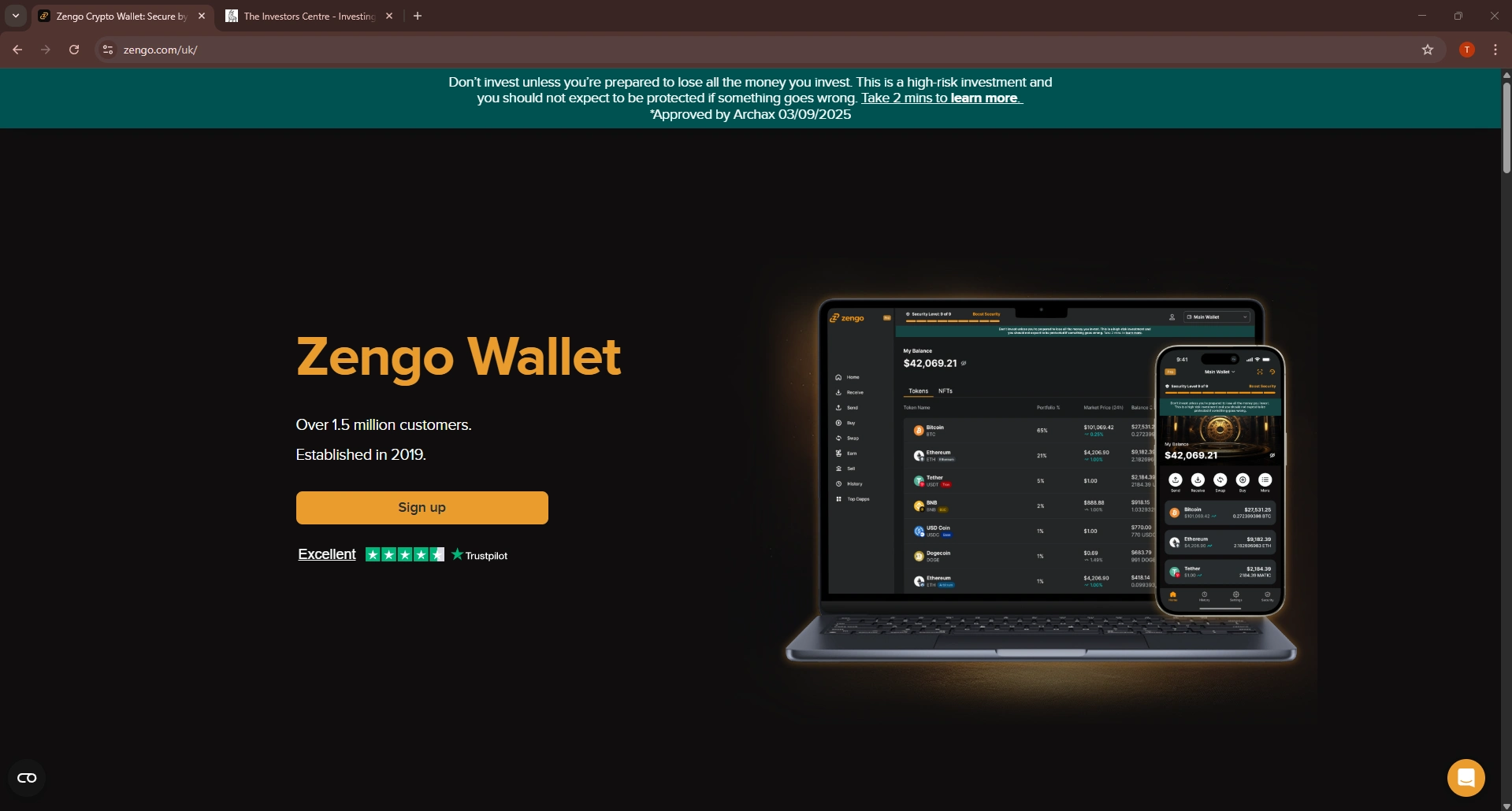 Zengo Wallet homepage showing desktop and mobile app