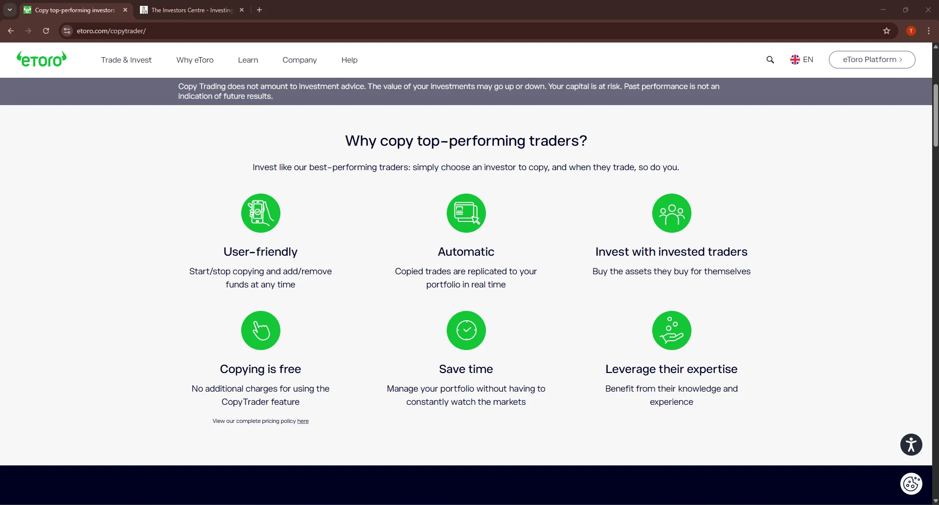 eToro investment platform dashboard showing portfolio overview and key features for Irish investors
