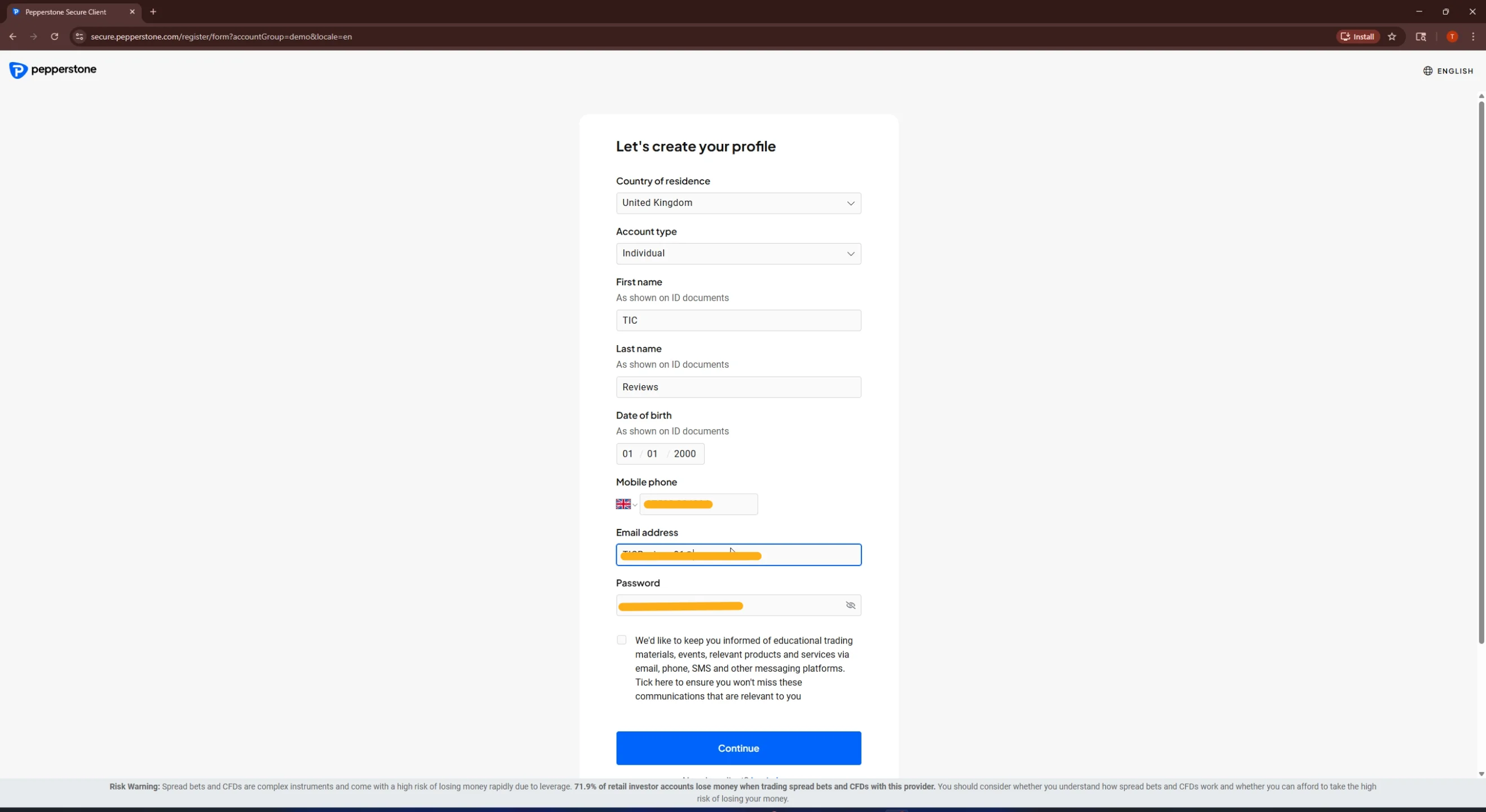 Pepperstone account registration form showing fields for country of residence, first name, last name, date of birth, mobile phone, email and password