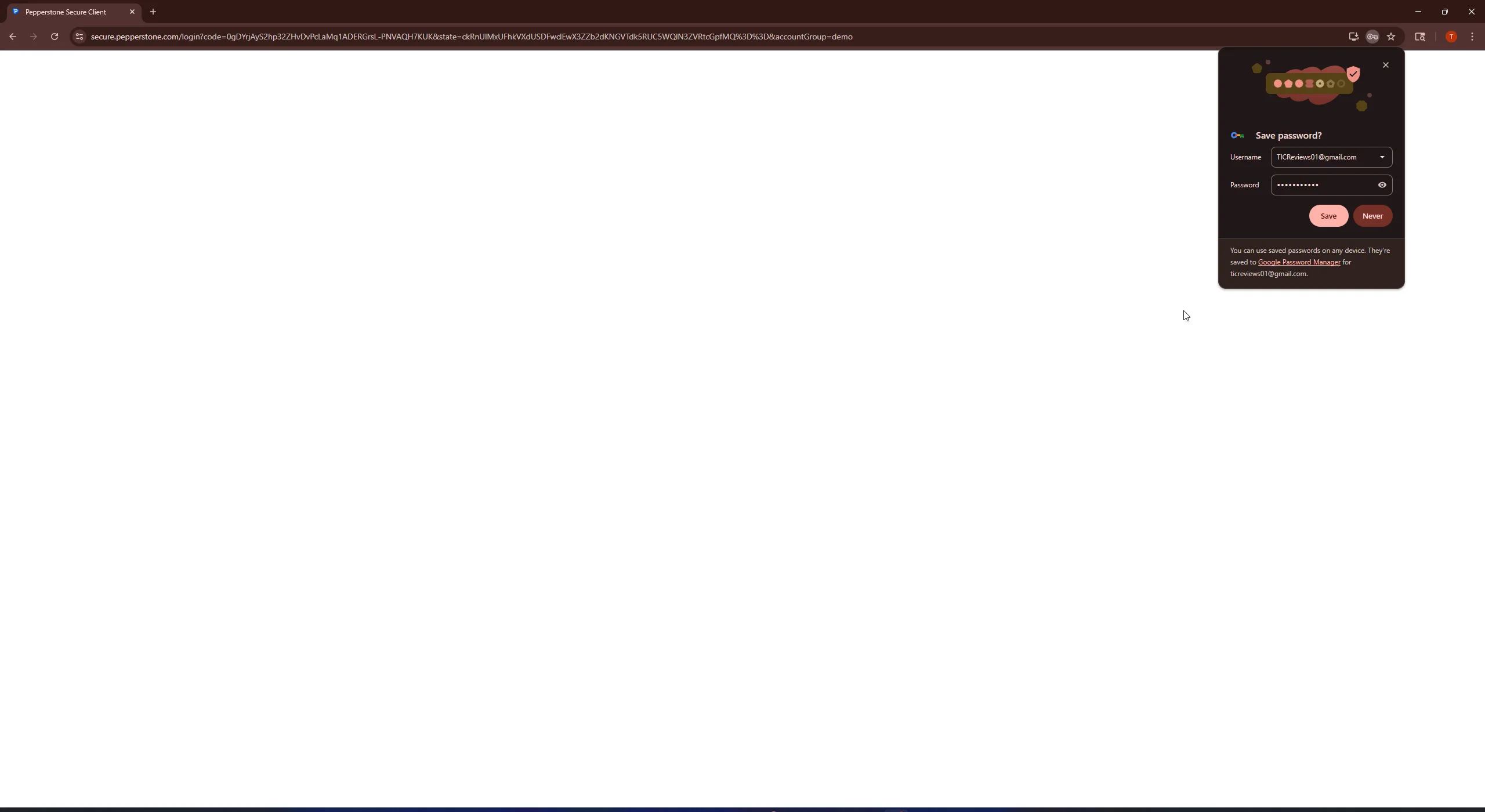 Pepperstone demo account created confirmation screen showing account number, account type Demo, and a button to continue to Webtrader