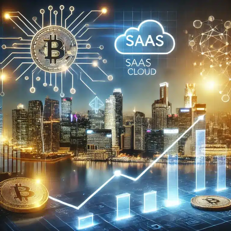 A professional and modern digital illustration showcasing business growth and technology investment. The image features a futuristic city skyline with