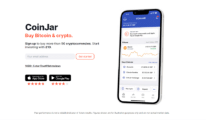 CoinJar homepage visual depicting simple and straightforward cryptocurrency transactions tailored for UK residents