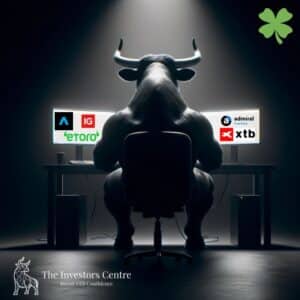 Illustration of a bull trader at a desk showcasing top investment platforms in Ireland including eToro, IG, Admiral Markets, and XTB.