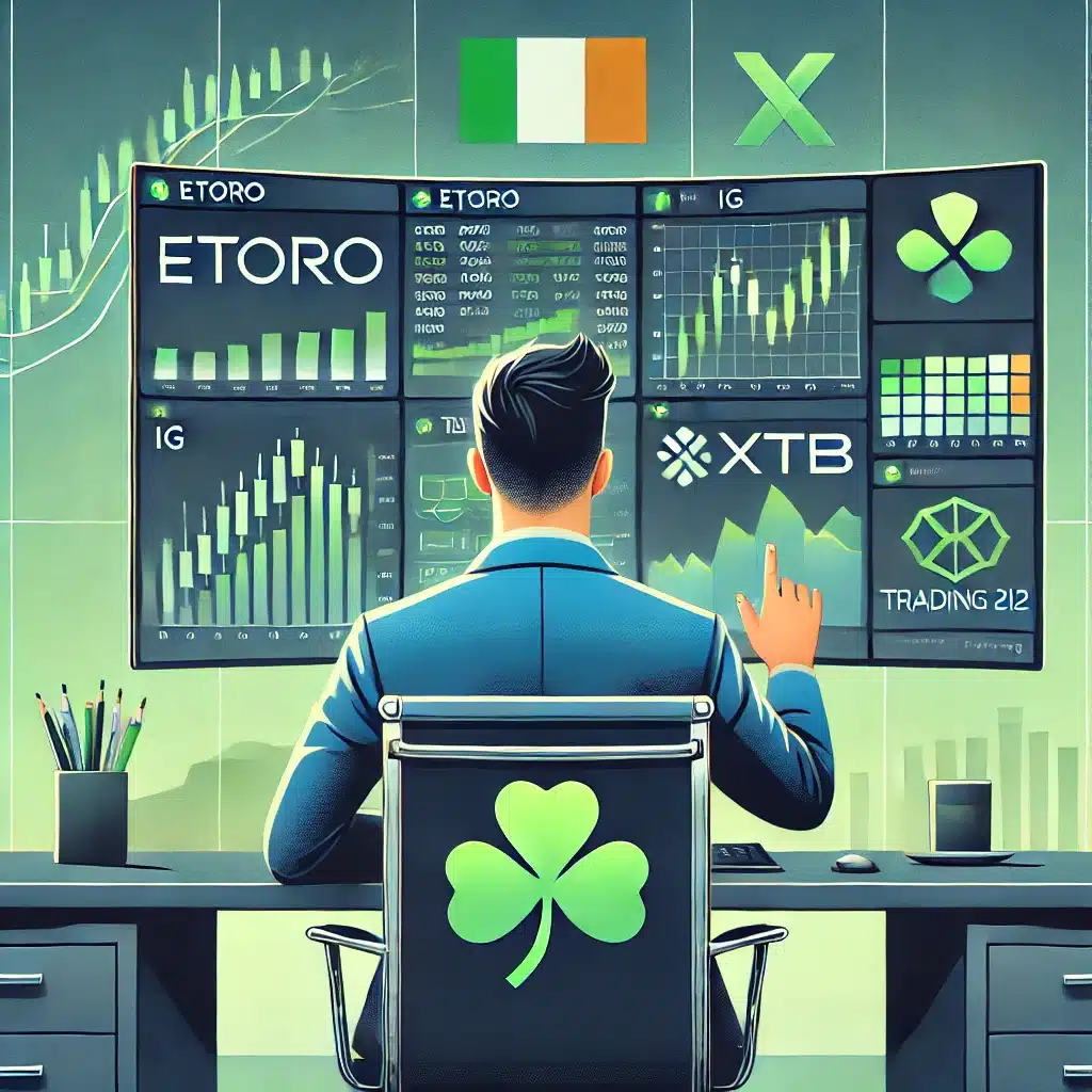 Illustration of an Irish investor reviewing top investment platforms eToro, IG, XTB, and Trading 212 on a multi-screen setup with charts.