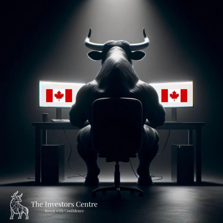 Bullish Investors centre Bull looking at a Canadian Flag on his two computer monitors
