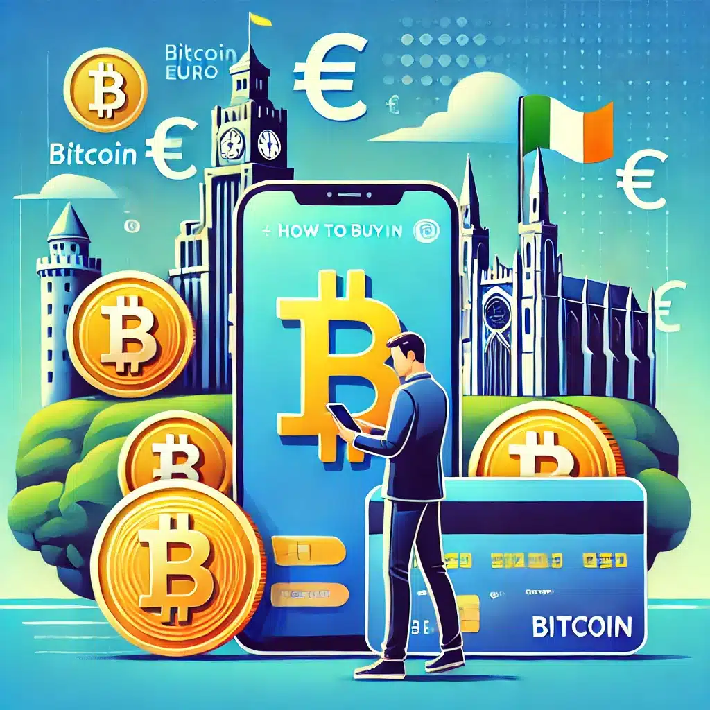 How to Buy Bitcoin in Ireland.' The image features a person using a smartphone with the Bitcoin logo