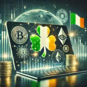 A professional and modern digital artwork representing the concept of the best crypto exchange in Ireland for 2025. The image features iconic Irish sy