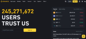 Binance exchange homepage showcasing its vast range of cryptocurrencies, competitive fees, and high liquidity, trusted by millions of users worldwide.