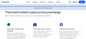 Coinbase exchange homepage emphasizing its reputation as the most trusted cryptocurrency platform with strong security, user-friendly design, and support for multiple digital assets