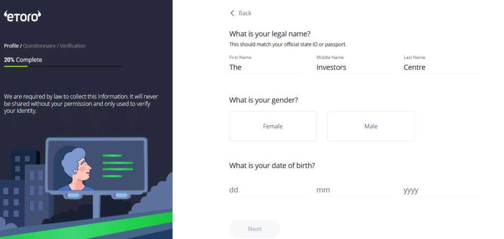 eToro account verification form requiring personal information, including legal name, gender, and date of birth, as part of the KYC process for secure crypto trading.