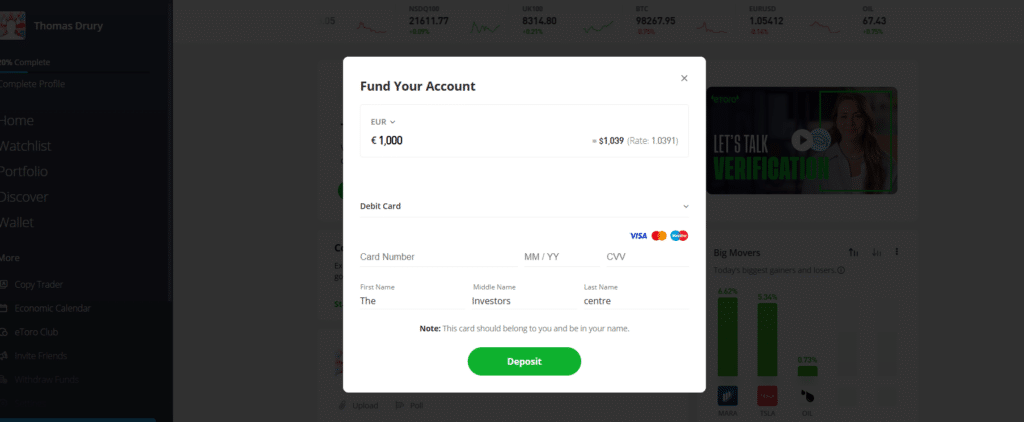 eToro platform fund your account page showing a €1,000 deposit via debit card for cryptocurrency trading, with currency conversion rates and secure payment options.