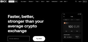 OKX exchange homepage displaying its advanced crypto trading platform with support for futures, spot trading, and DeFi features for experienced traders.