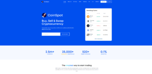 "CoinSpot homepage featuring buy, sell, and swap crypto options with live trending coin prices – highlighting 2.5M+ customers, 520+ digital assets, and 0.1% commission fee."