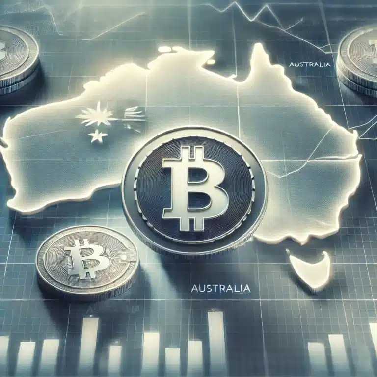 Professional image representing Bitcoin investment in Australia, featuring a clean design with financial graphs, an Australian map outline, and a subdued colour palette for a finance business website.