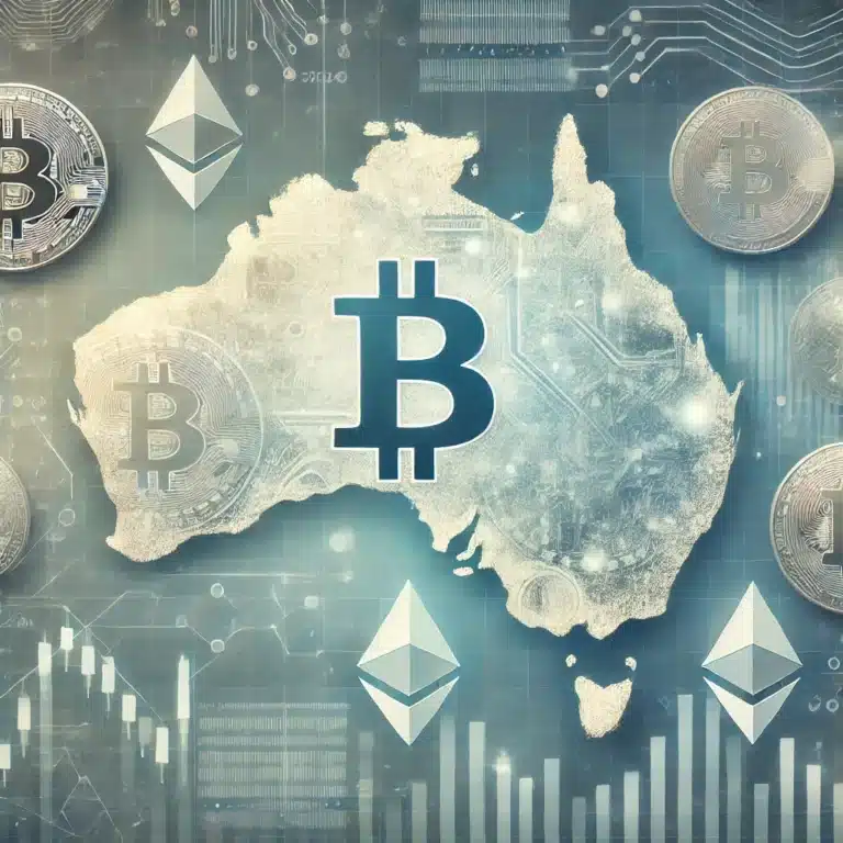 Professional image representing cryptocurrency in Australia with an Australian map outline, blockchain-inspired patterns, financial graphs, and a muted colour palette, suitable for a business finance website.
