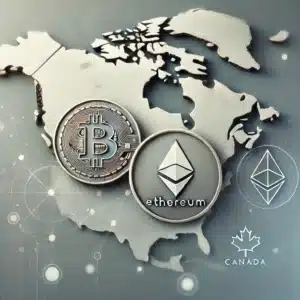 Digital illustration of Bitcoin and Ethereum coins over a stylized map of North America, highlighting Canada as a hub for cryptocurrency and blockchain technology.
