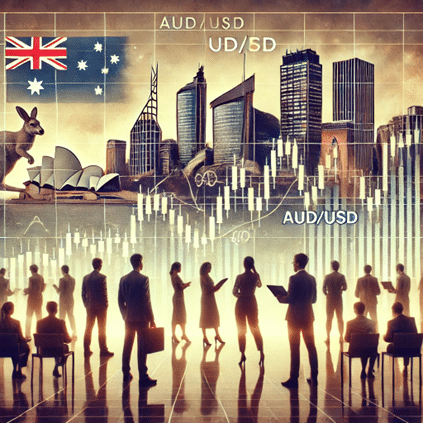 Australian investors analysing rising AUD/USD currency charts on large digital screens, with subtle symbols of Australia like the Sydney Opera House and a kangaroo in the background — symbolising forex trading trends in Australia.
