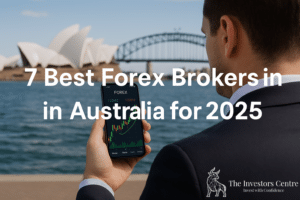 "Trader viewing forex chart on smartphone with Sydney Opera House and Harbour Bridge in background, promoting 7 best forex brokers in Australia for 2025 by The Investors Centre"
