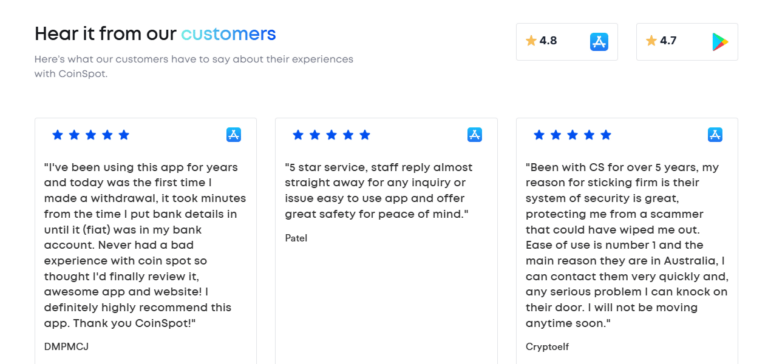 “Customer reviews of CoinSpot app showcasing 5-star ratings and positive feedback on security, ease of use, and fast withdrawals, highlighting high user satisfaction in Australia.”