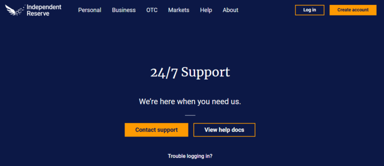 “Independent Reserve crypto exchange 24/7 support page with contact support and help documentation options for personal, business, and OTC users.”
