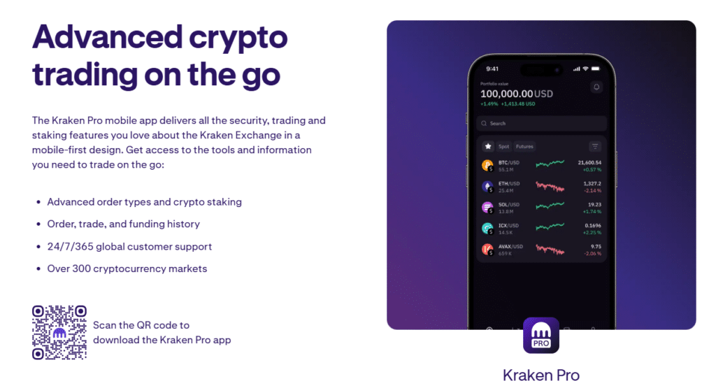 "Kraken Pro mobile app interface showcasing advanced crypto trading features, including BTC and ETH market data, staking, order history, and over 300 cryptocurrency markets with 24/7 support"