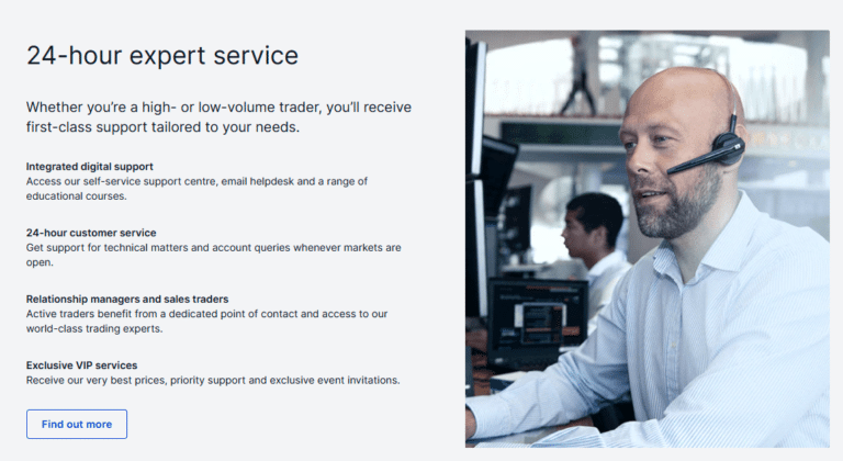 Forex broker customer support team providing 24-hour expert service with headset-equipped agent at trading desk, offering digital support, VIP services, and account assistance