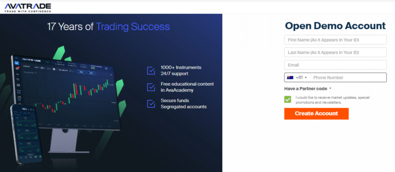 AvaTrade demo account sign-up page with trading platform on desktop and mobile, highlighting 24/7 support, secure funds, and free educational content in AvaAcademy