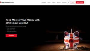 Interactive Brokers UK ISA promotion featuring a Union Jack piggy bank surrounded by coins, highlighting low-cost investing with no custody or subscription fees.