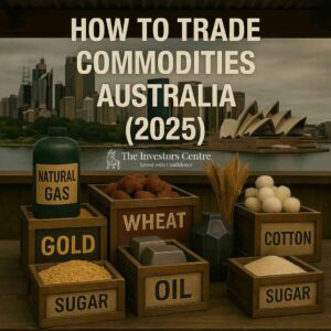 How to Trade Commodities Australia – Market display of gold, iron ore, natural gas, oil, wheat, cotton, and sugar set against the Sydney Opera House skyline, with branding from The Investors Centre.