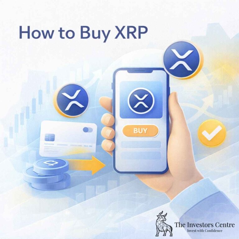 Abstract illustration showing how to buy XRP, with a mobile crypto app, buy button, XRP coins, and payment method icons.