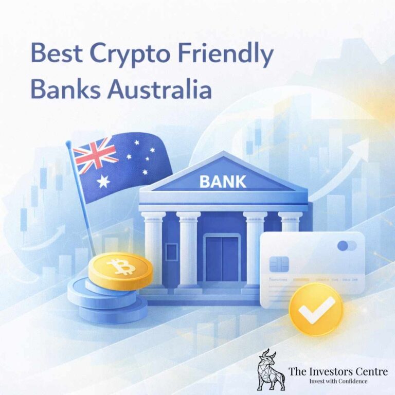 Abstract illustration showing crypto friendly banks in Australia, with a bank building, Bitcoin coins, payment card, and Australian financial symbols.